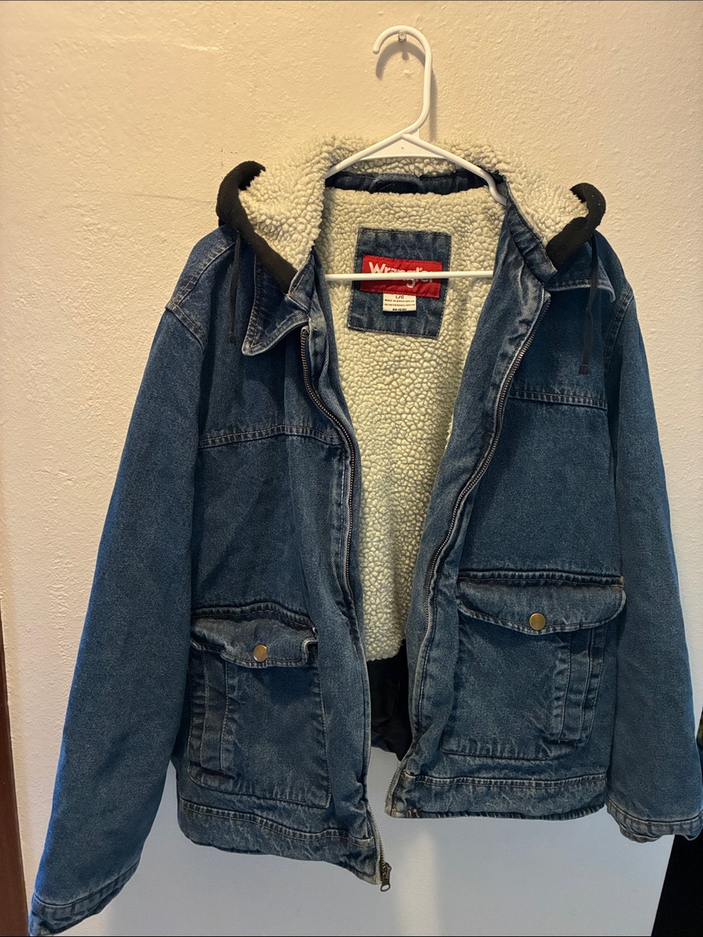 Wrangler Blue Denim Sherpa-Lined Hooded Jacket